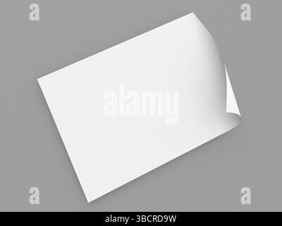 Un singolo foglio di carta bianca bianca bianca viene steso su una superficie grigia. Un angolo è leggermente arricciato, aggiungendo profondità alla composizione semplice e pulita, perf Foto Stock