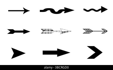 Collezione di icone delle frecce fatte a mano - 9 design unici delle frecce - Nero su bianco Illustrazione Vettoriale