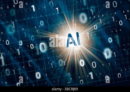 Immagine generata digitalmente del segno IA e del codice binario Foto Stock