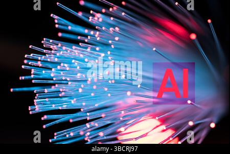 Immagine generata digitalmente di fibre ottiche con il segno IA Foto Stock