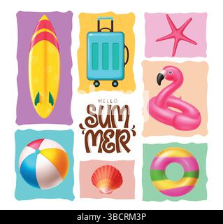 Hello Summer Text, Summer greeting text, Hello Summer text con elementi estivi e di viaggio. Illustrazione vettoriale. Illustrazione Vettoriale