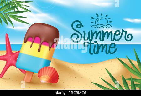 Design vettoriale di testo per l'ora legale. In estate, saluto in spiaggia con popsicle, stelle marine, conchiglie di mare e palme che lasciano elementi Illustrazione Vettoriale