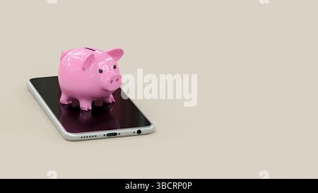 Salvadanaio rosa su uno smartphone - rendering 3D beige di sfondo Foto Stock