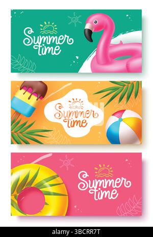 Design del banner vettoriale di benvenuto in estate. Testo di saluto estivo con galleggianti colorati, papavero e foglie di palma elementi decorativi Illustrazione Vettoriale