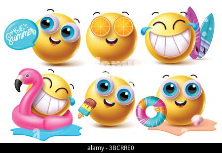 Set di personaggi della clipart delle emoji estive, illustrazione vettoriale. Illustrazione Vettoriale