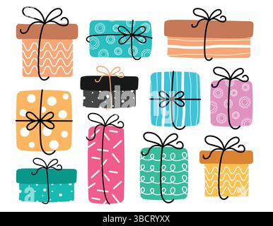 Set di graziose confezioni regalo isolate su sfondo bianco, colorato set regalo avvolto in clipart. Illustrazione vettoriale Illustrazione Vettoriale