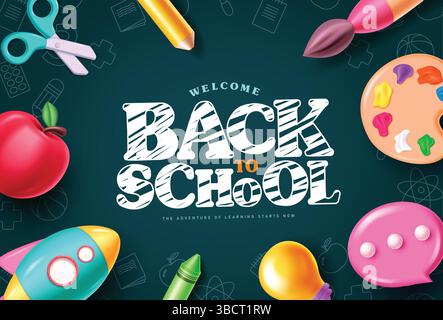 Il progetto di clipart torna a scuola. Bentornato a scuola saluto clip art con colorate forniture didattiche vettoriali Illustrazione Vettoriale