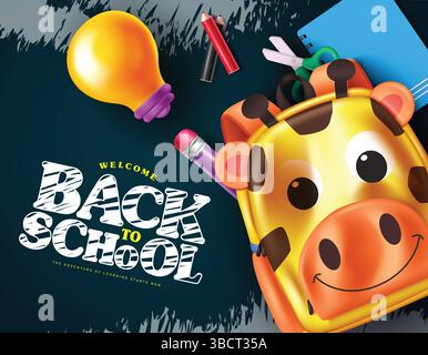 Torna a pos. Modello clipart scuola Testo di saluto scolastico con elementi educativi come zaino, taccuino, matita colorata e forbici per imparare Illustrazione Vettoriale