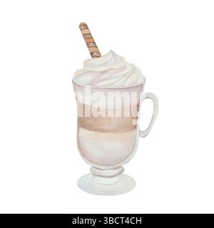 Tazza da latte con bastoncino per waffle. Illustrazione acquerello su sfondo bianco. Menu, stampe e decorazioni a tema caffè dolce e accogliente. Foto Stock