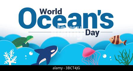 Il design del clipart World Ocean's Day Greeting con onde sfogliate e animali acquatici, illustrazione vettoriale. Illustrazione Vettoriale
