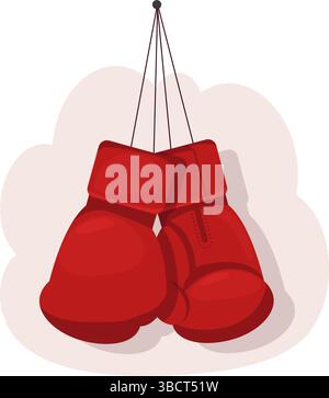 I guanti da boxe rossi sono appesi alla parete. Guanti sportivi appesi al cordone. Allenamento di kickboxing. Attrezzature sportive. Accessorio Boxer. Allenamento in palestra. MMA competiti Illustrazione Vettoriale