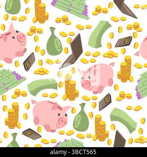 Salvadanaio. Monete d'oro sparse e banconote di carta senza cuciture. Borsa per contanti e portamonete. Ricchezza miliardaria. Stampa ripetuta. Banconota da un dollaro. Banche Illustrazione Vettoriale