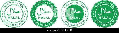 etichette verdi halal circolari con testo in arabo e messaggio halal al 100% utilizzato per la certificazione e il confezionamento degli alimenti Illustrazione Vettoriale