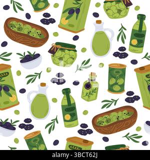 Olive verdi e scure senza cuciture. Olio organico. Stampa ripetuta. Pentola di sottaceti. Bottiglia di vetro. Foglie di ramo vegetale. Cibo sano e naturale. berri secchi Illustrazione Vettoriale
