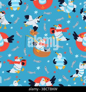 Divertente gabbiani cartoni animati con motivo senza cuciture. Volo di uccelli marini. Uccellino marino con tazza di caffè. Cuore d'amore. Pesce sull'acqua di mare. L'acqua felice animale con Illustrazione Vettoriale