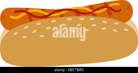 Panino di sesamo per hot dog disegnato a mano e salsiccia alla griglia con design promozionale Fast Food con senape e ketchup. Illustrazione di Vector isolato Promo di consegna di fast food o schede di menu, opuscoli, banner, poster, prezzo Illustrazione Vettoriale