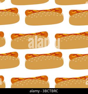 Hot Dog a mano libera con senape e ketchup senza cuciture Fast food o BBQ idea texture sfondo. Biglietti d'auguri per le illustrazioni vettoriali isolate, promozioni, specialmente per i picnic estivi, gli inviti al barbecue Illustrazione Vettoriale