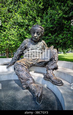 WASHINGTON DC - Albert Einstein è raffigurato con documenti con alcune delle sue equazioni più famose visibili presso l'Albert Einstein Memorial sui terreni della National Academy of Sciences. La statua in bronzo, creata dallo scultore Robert Berks e inaugurata nel 1979, mostra il rinomato fisico seduto contemplativamente. Alto circa 3 metri, il memoriale presenta equazioni matematiche tratte dai documenti scientifici di Einstein scolpiti nella sua base di granito. Il monumento onora lo scienziato vincitore del Premio Nobel le cui teorie della relatività hanno rivoluzionato la fisica e la nostra comprensione dello spazio, del tempo e del ene Foto Stock