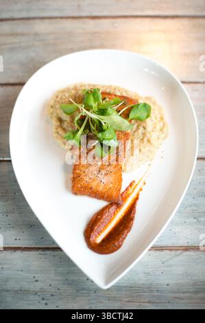 Salmone con Grits in una presentazione fine dining | Un piatto elegantemente disposto con salmone abbinato a grits cremosi in una presentazione fine dining. Il salmone sembra perfettamente cotto con un esterno croccante che poggia su un letto di grits lisci e cremosi. Lo stile sofisticato di impiattamento eleva la cucina tradizionale del Sud a un'offerta raffinata del ristorante che combina frutti di mare costieri con un classico del Sud. Foto Stock