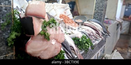 Pesce fresco e frutti di mare, tra cui bistecche di tonno, gamberetti e vari altri pesci, sono esposti in una banchina del mercato, decorata con prezzemolo Foto Stock