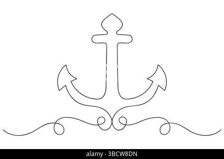 Illustrazione vettoriale del contorno ART a linea singola continua di ancoraggio della nave Illustrazione Vettoriale