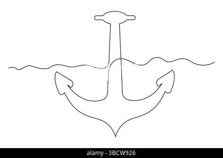 Illustrazione vettoriale del contorno ART a linea singola continua di ancoraggio della nave Illustrazione Vettoriale