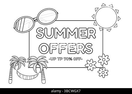 Disegno del profilo della pagina da colorare dello striscione di vendita estiva con occhiali da sole, sole, palme, fiori e testo di sconto. Per intrattenere, promozioni estive Illustrazione Vettoriale