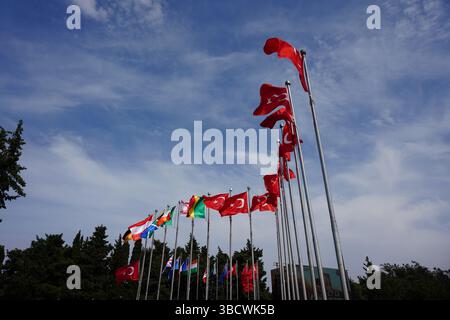 CANAKKALE, TURKIYE - 24 APRILE 2025: Bandiere di rappresentanti in ihe 110 ° anniversario delle battaglie della Terra di Gallipoli è stato commemorato ai Martiri M. Foto Stock