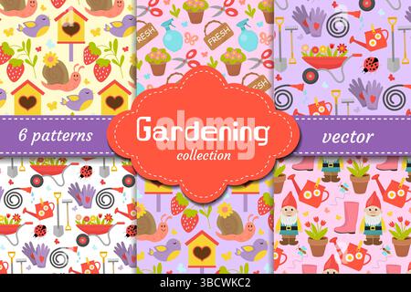 Incantevoli modelli vettoriali per il giardinaggio con attrezzi, piante, gnomi, fiori, lumache e fragole. Ideale per decorazioni primaverili, imballaggi, stampe hobby e. Illustrazione Vettoriale