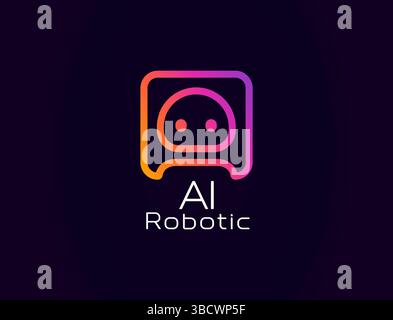Logo robotico AI con grazioso volto robot in cornice quadrata, in stile gradiente luminoso. Ideale per applicazioni tecnologiche, assistenti virtuali e strumenti di automazione intelligenti. Moderno Illustrazione Vettoriale