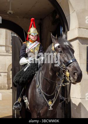 Household Cavalry Life Guards on a Horse, Whitehall, Londra, Regno Unito Foto Stock