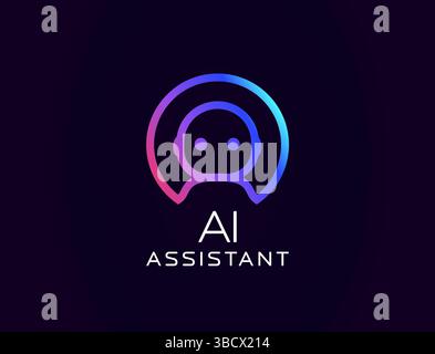 Logo assistente AI con avatar robot amichevole in cuffia, contorno gradiente luminoso. Ideale per strumenti di aiuto virtuali, bot di supporto clienti, branding tecnologico Illustrazione Vettoriale