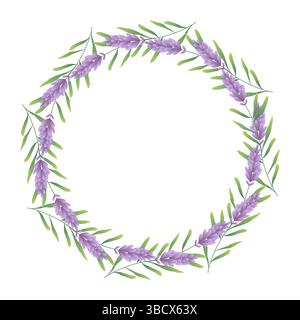 Cornice botanica circolare con foglie verdi lussureggianti e fiori di lavanda. Arte vegetale astratta Illustrazione Vettoriale