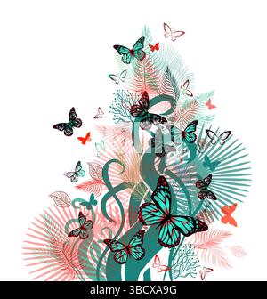 Astrazione con fiori e farfalle. disegnato a mano. Non ai, illustrazione vettoriale Illustrazione Vettoriale