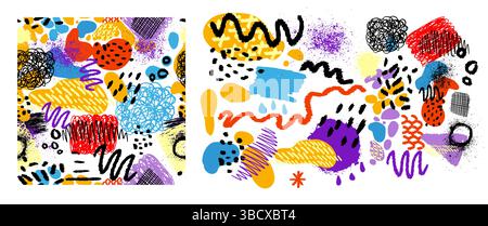 Set di elementi decorativi colorati e sfondo senza cuciture. disegnato a mano. Non IA. Illustrazione vettoriale. Illustrazione Vettoriale