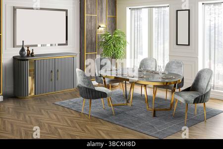 Rendering 3D degli interni moderni della sala da pranzo. design degli interni. tavolo da pranzo Foto Stock