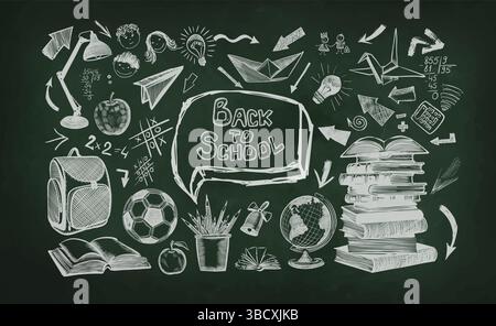 Bentornato a scuola banner orizzontale, disegno gesso sul Consiglio scolastico, illustrazione vettoriale. Fatto a mano, non illustrato ai Vector Illustrazione Vettoriale