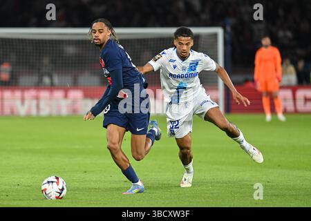 Parigi, Francia. 17 maggio 2025. Bradley Barcola (A) durante il match di Ligue 1 tra PSG e AJ Auxerre, il 7 maggio 2025. - 17/05/2025 - Francia/Ile-de-France (regione)/Parigi - Julien Mattia/le Pictorium credito: LE PICTORIUM/Alamy Live News Foto Stock