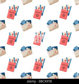 Motivo senza cuciture con passaporti, carte d'imbarco e portafogli per cartoni animati. Sfondo vettoriale a tema di viaggio Illustrazione Vettoriale