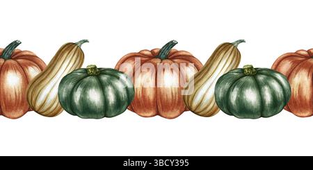 Bordo autunnale senza cuciture con zucche verdi, gialle e arancioni. Illustrazione ad acquerello fatta a mano. Per imballaggi, decorazioni, tessili. E anche per Foto Stock