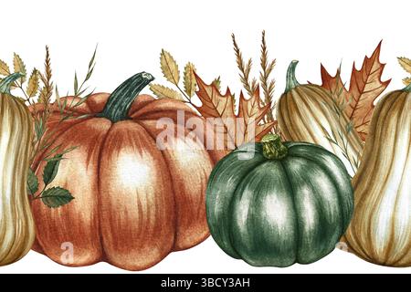 Bordo autunnale senza cuciture con zucche ed elementi floreali. Illustrazioni ad acquerello fatte a mano nei colori giallo e arancione. Per imballaggi, tessili Foto Stock