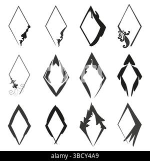Set di telai diamantati. Bordi neri in rilievo. Stile di tratto del pennello. Raccolta dei bordi vettoriali. Illustrazione Vettoriale