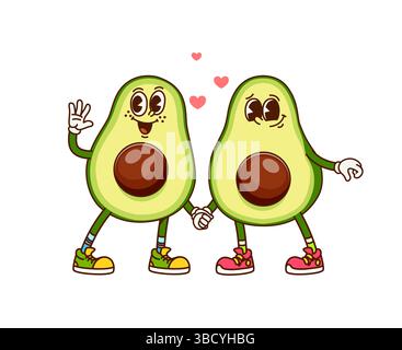 I personaggi avocado dei cartoni animati si alzano fianco a fianco tenendosi per mano e sorridendo. I divertenti frutti tropicali indossano scarpe da ginnastica e hanno occhi espressivi con cuori fluttuanti sopra di loro che simboleggiano la sensazione d'amore Illustrazione Vettoriale