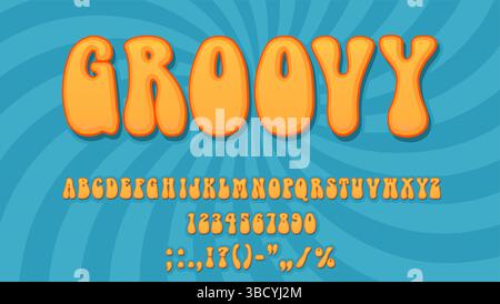 Carattere groovy, tipo groovy, carattere hippie, caratteri vettoriali alfabetici retro funky. Lettere, numeri e segni di punteggiatura Hippy abc su sfondo psichedelico a spirale viola, tipografia vintage Illustrazione Vettoriale