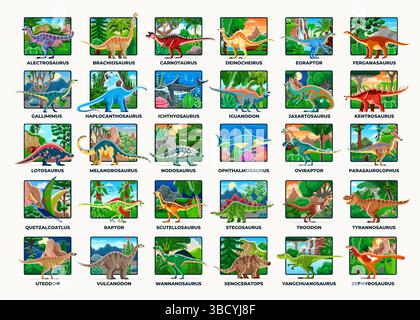Dinosauri preistorici e lucertole giganti del Giurassico con rettili in infografica e grafico vettoriale. Cartoni animati divertenti dinosauri e nomi delle specie di lucertole giganti e rettili subacquei per l'enciclopedia dei bambini Illustrazione Vettoriale