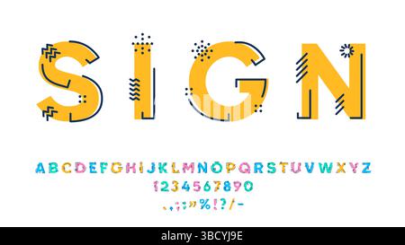 Carattere geometrico, tipo o carattere tipografico del contorno. Alfabeto di linea. Numeri e figure futuristiche ABC in inglese, caratteri alfabetici latini numeri moderni e punteggiatura simboli speciali o caratteri tipografici Illustrazione Vettoriale