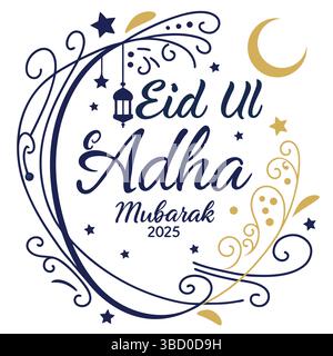 Elegante biglietto d'auguri islamico Eid ul Adha Mubarak con bordo ornamentale e Crescent Moon Design Illustrazione Vettoriale