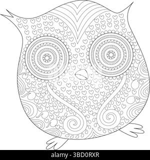 Graziosa illustrazione a gufo in stile chibi con motivi intricati, perfetta per colorare pagine, attività di consapevolezza, artigianato per bambini o design decorativo eleme Illustrazione Vettoriale