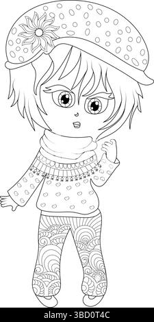 Illustrazione in bianco e nero di una ragazza chibi carina. Presenta un personaggio con occhi grandi che indossa un cappello con un fiore e un maglione a motivi geometrici Illustrazione Vettoriale