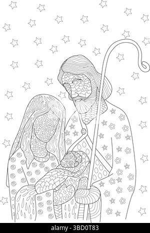 Intricata illustrazione in linea della scena della Natività, raffigurante Maria, Giuseppe e il bambino Gesù, circondato da stelle. Presenta ripetizioni dettagliate sui Illustrazione Vettoriale